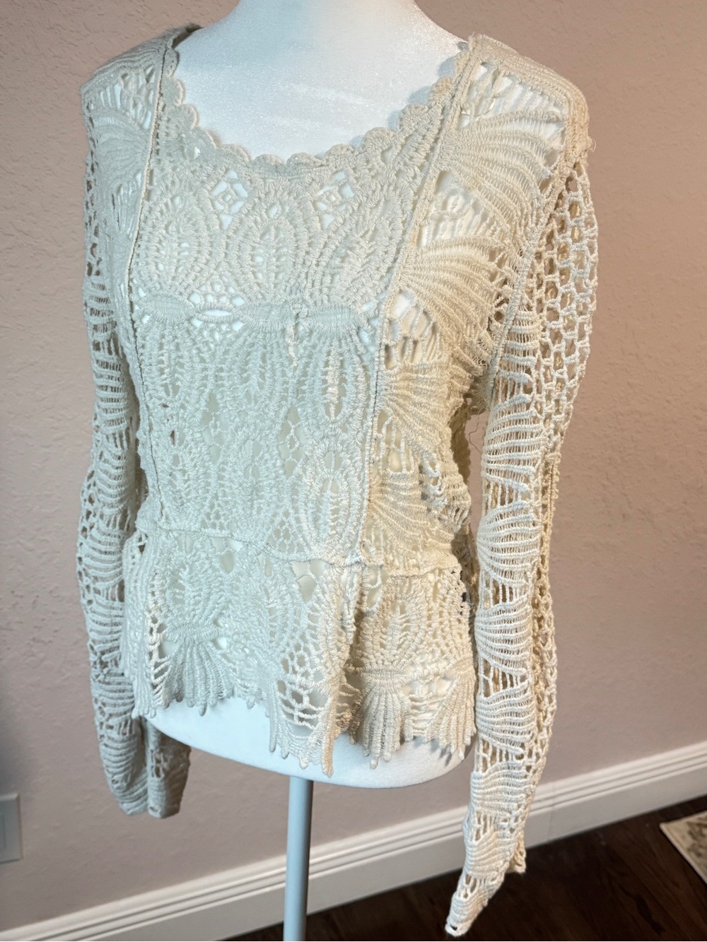 Rebellion Crochet Lace Long-Sleeve Sweater - Cream women size small